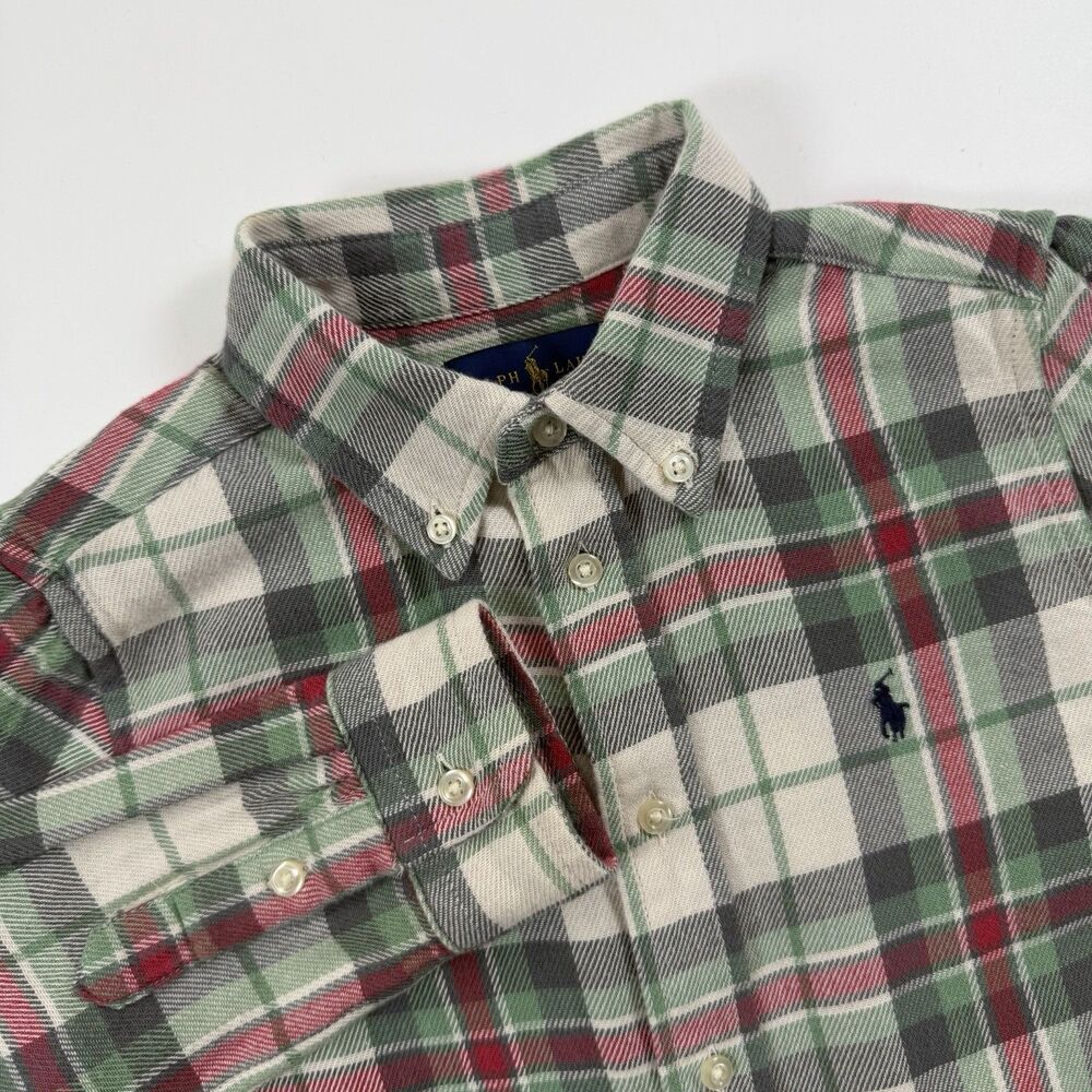Ralph Lauren Boys Size 6 Plaid Button Down Shirt Green Red Gray 100% Cotton